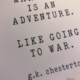 Chesterton &quot;Marriage Is An Adventure&quot; Quote Print | Catholic wall art | Marriage home decor | Religious inspirational catholic print