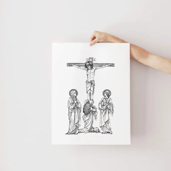 Crucifixion- Jesus, our Blessed Mother, Mary Magdalene & St. John, Catholic print, Lent Art, Good Friday Print, Lent decor, way of the cross