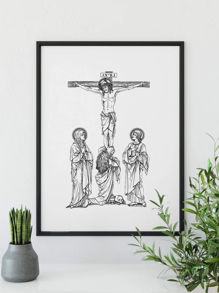 Crucifixion- Jesus, our Blessed Mother, Mary Magdalene & St. John, Catholic print, Lent Art, Good Friday Print, Lent decor, way of the cross