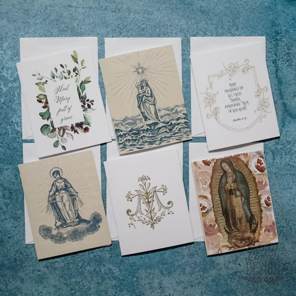 Marian Notecard Set of 6 or 12 assorted cards + envelopes A2 - Hail Mary, Rosary, Stella Maris, Guadalupe stationery for her, catholic gift