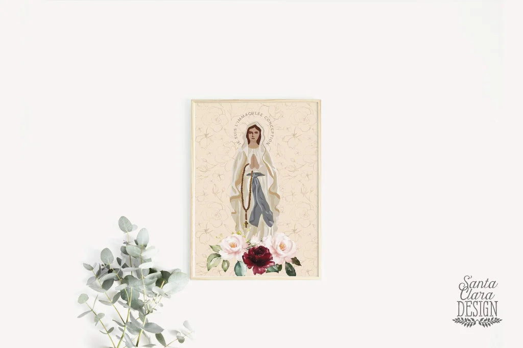 Our Lady of Lourdes Marian Art Print, Hail Mary print, Marian Consecration gift, Blessed Mother poster, Marian poster, catholic, Rosary art