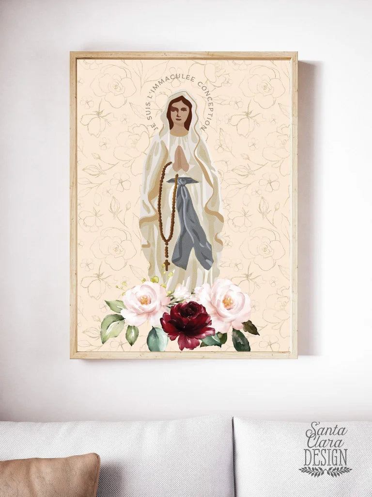 Our Lady of Lourdes Marian Art Print, Hail Mary print, Marian Consecration gift, Blessed Mother poster, Marian poster, catholic, Rosary art