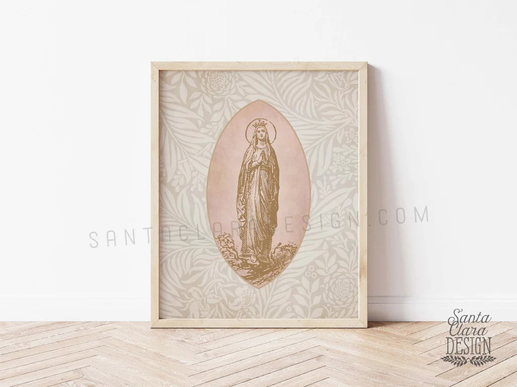 Mary, Our Lady of Lourdes Medallion Print, Marian Art, Mary Consecration gift, Blessed Mother poster, Catholic Rosary art, Prayer altar