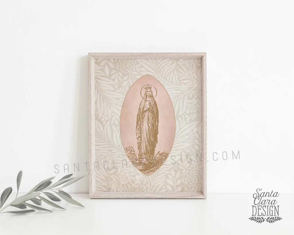 Mary, Our Lady of Lourdes Medallion Print, Marian Art, Mary Consecration gift, Blessed Mother poster, Catholic Rosary art, Prayer altar