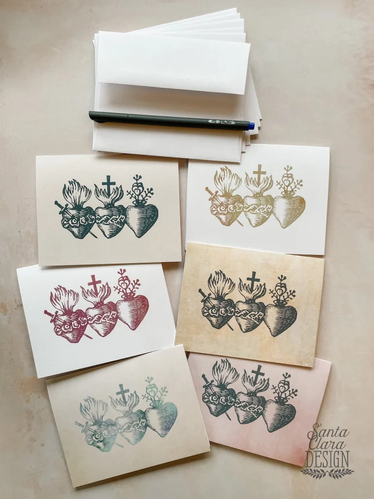 Pastel Holy Family Three Hearts notecard and envelope set  - Holy Family Note Card Set of 6 - Hearts of Jesus Mary & Joseph - Catholic Cards