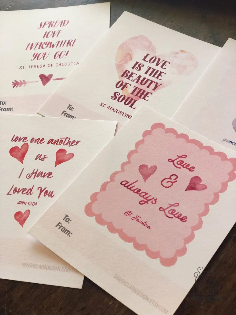 Catholic Valentine Set of six PRINTABLE mini cards | Catholic Saint & Scripture cards for St. Valentine&#39;s day, download and print from home