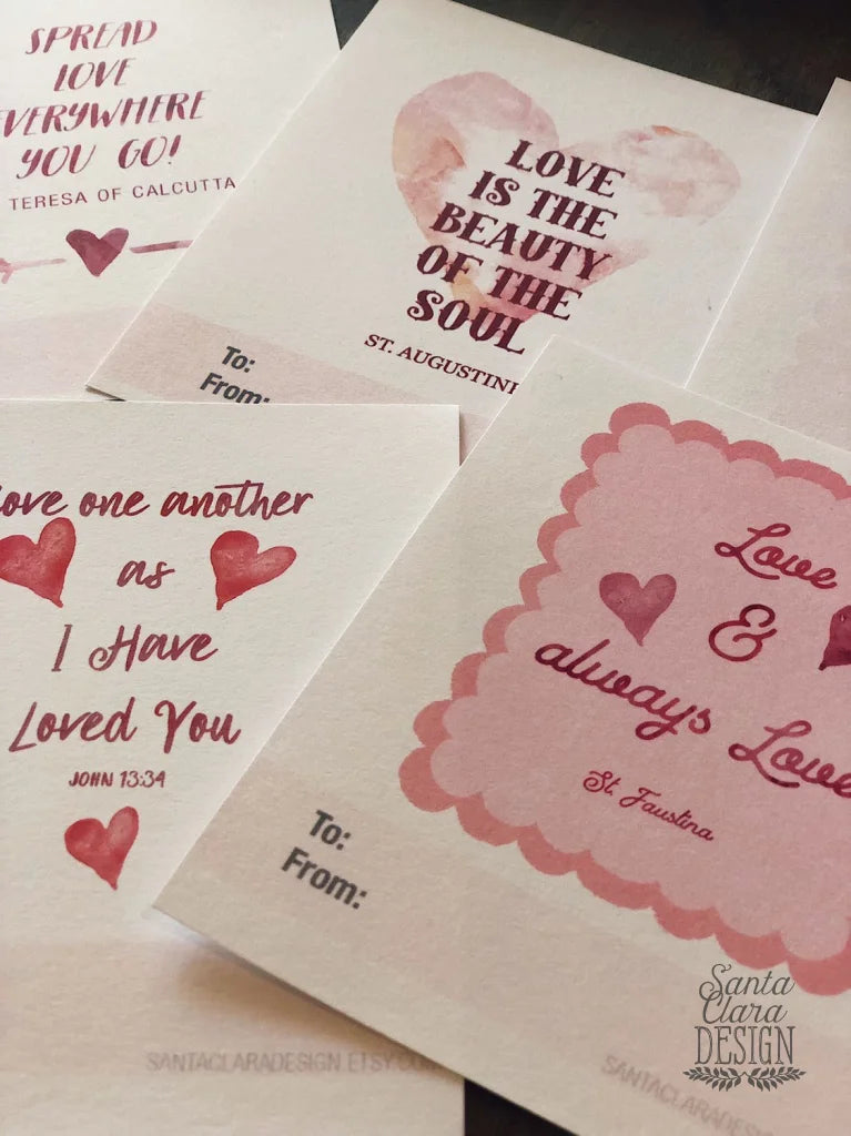 Catholic Valentine Set of six PRINTABLE mini cards | Catholic Saint & Scripture cards for St. Valentine&#39;s day, download and print from home