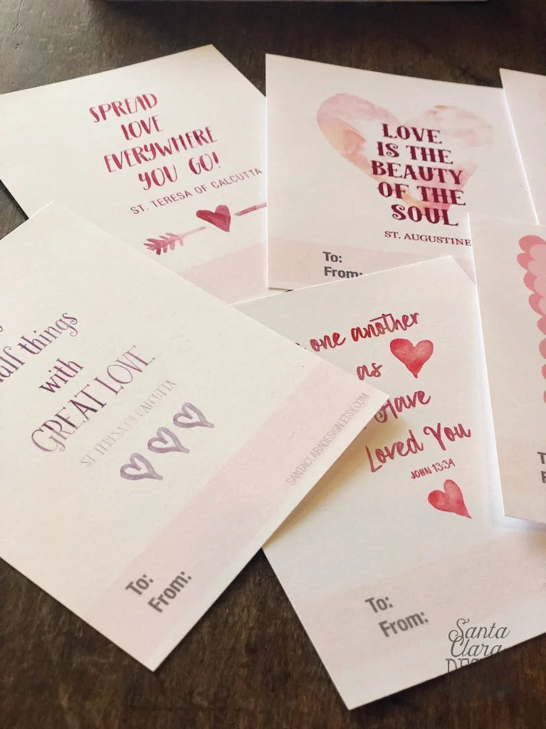 Catholic Valentine Set of six PRINTABLE mini cards | Catholic Saint & Scripture cards for St. Valentine&#39;s day, download and print from home