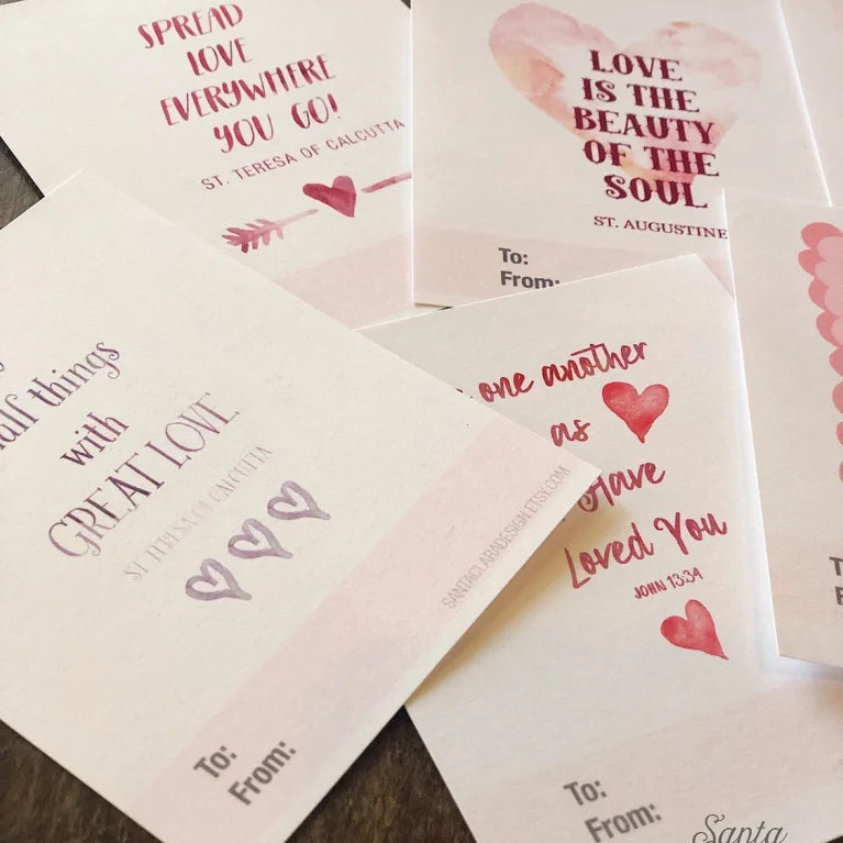 Catholic Valentine Set of six PRINTABLE mini cards | Catholic Saint & Scripture cards for St. Valentine&#39;s day, download and print from home