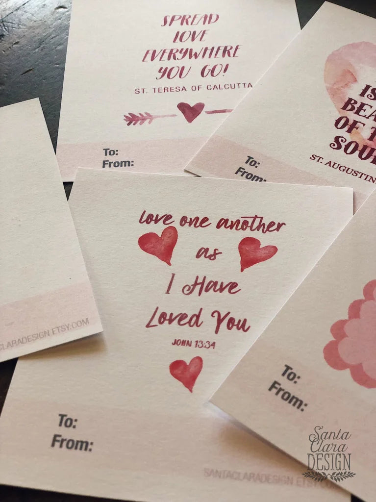 Catholic Valentine Set of six PRINTABLE mini cards | Catholic Saint & Scripture cards for St. Valentine&#39;s day, download and print from home