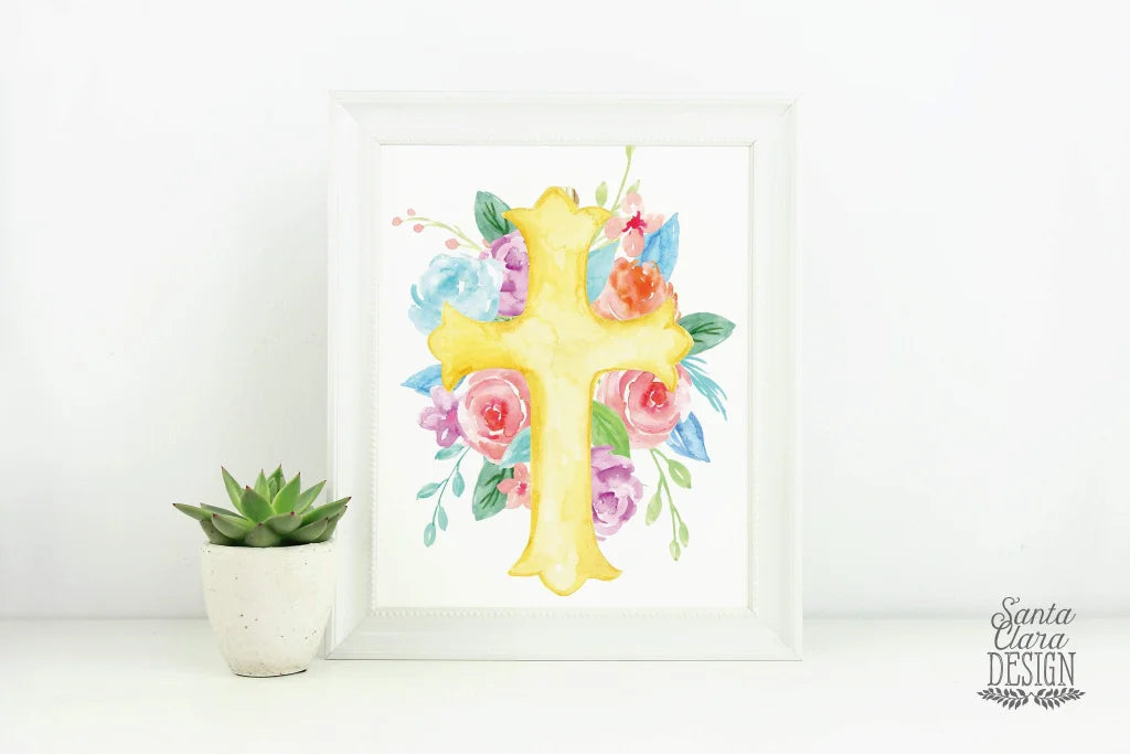 PRINTABLE: Floral Golden Cross Printable Wall Art Easter Wall Decor Printable Catholic Easter Printable Catholic christian art, home decor