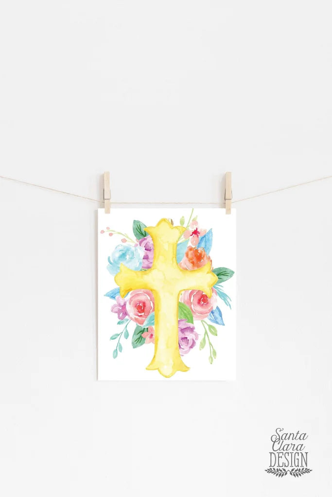 PRINTABLE: Floral Golden Cross Printable Wall Art Easter Wall Decor Printable Catholic Easter Printable Catholic christian art, home decor