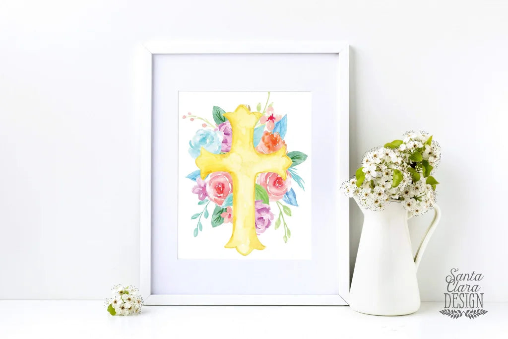 PRINTABLE: Floral Golden Cross Printable Wall Art Easter Wall Decor Printable Catholic Easter Printable Catholic christian art, home decor