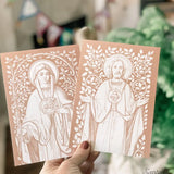 Sacred and Immaculate Hearts in DUSTY ROSE 5x7 Set of 2, frame not included, Catholic art, floral heart of Jesus, floral heart of Mary