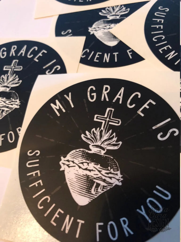 Sacred Heart Decal &quot;My Grace is Sufficient for you&quot; Catholic Inspirational Sticker for indoor & outdoor use | waterbottle laptop faith decal