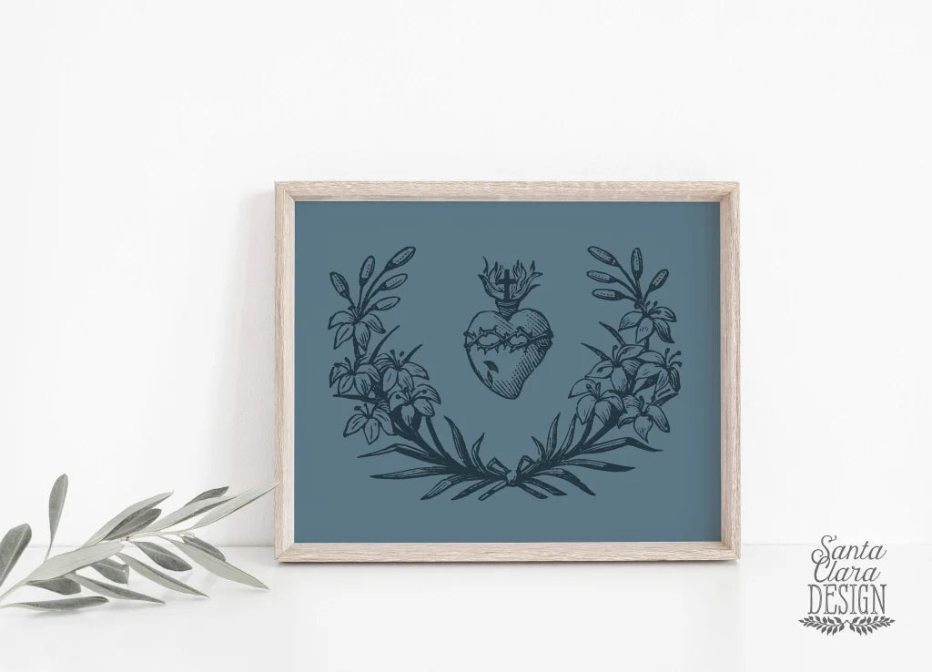 Sacred Heart Wreath Print, Sacred Heart of Jesus floral art, Catholic art print, sacred Heart wall art, heart of jesus decor, Catholic art