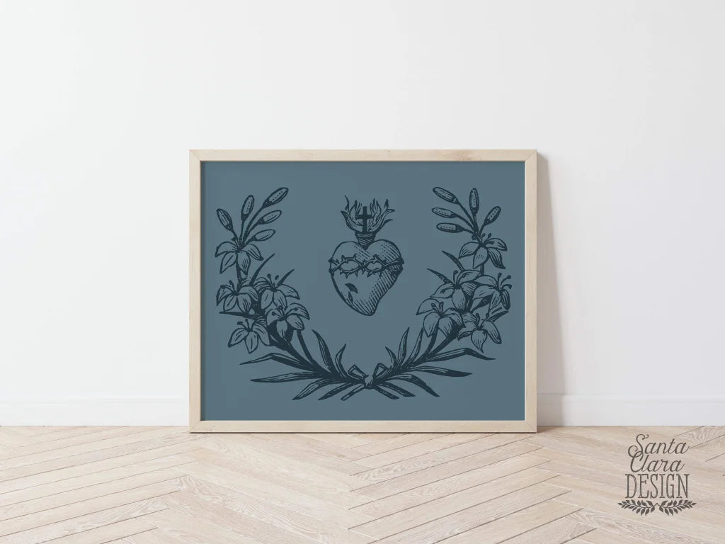 Sacred Heart Wreath Print, Sacred Heart of Jesus floral art, Catholic art print, sacred Heart wall art, heart of jesus decor, Catholic art