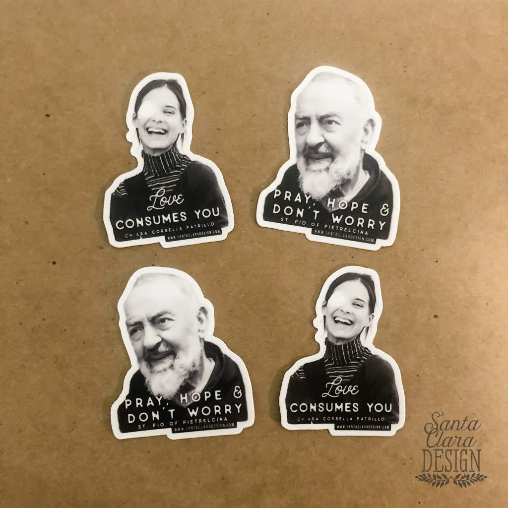 Saint Padre Pio of Pietrelcina Decal &quot;Pray, Hope, and Don&#39;t Worry&quot; Catholic Inspirational Sticker for indoor/outdoor use, waterbottle laptop