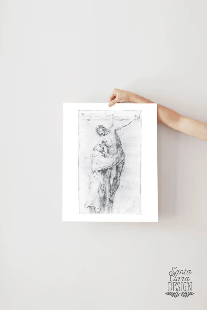 St. Francis at the foot of the cross, Crucifixion, Jesus embraces Francis, Catholic art, Catholic print, Vintage Catholic Lent art decor