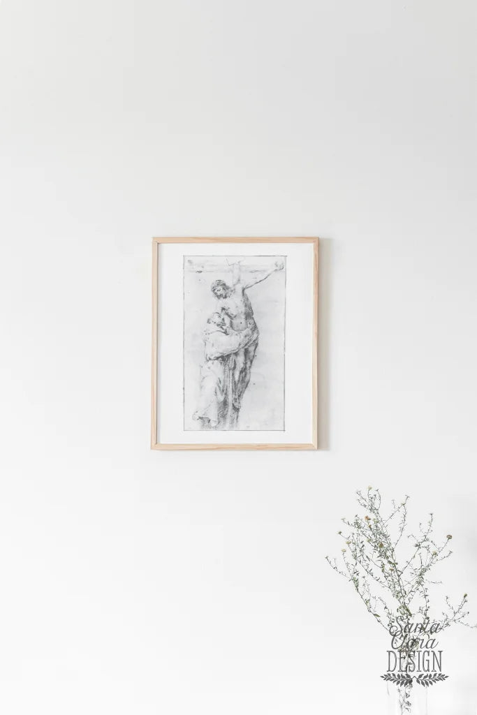 St. Francis at the foot of the cross, Crucifixion, Jesus embraces Francis, Catholic art, Catholic print, Vintage Catholic Lent art decor