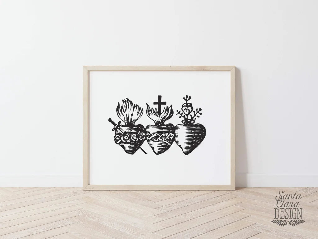 Three Sacred Hearts of the Holy Family, Catholic art print, Immaculate Heart of Mary, Sacred Heart of Jesus, Pure Heart of Joseph