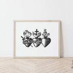 Three Sacred Hearts of the Holy Family, Catholic art print, Immaculate Heart of Mary, Sacred Heart of Jesus, Pure Heart of Joseph