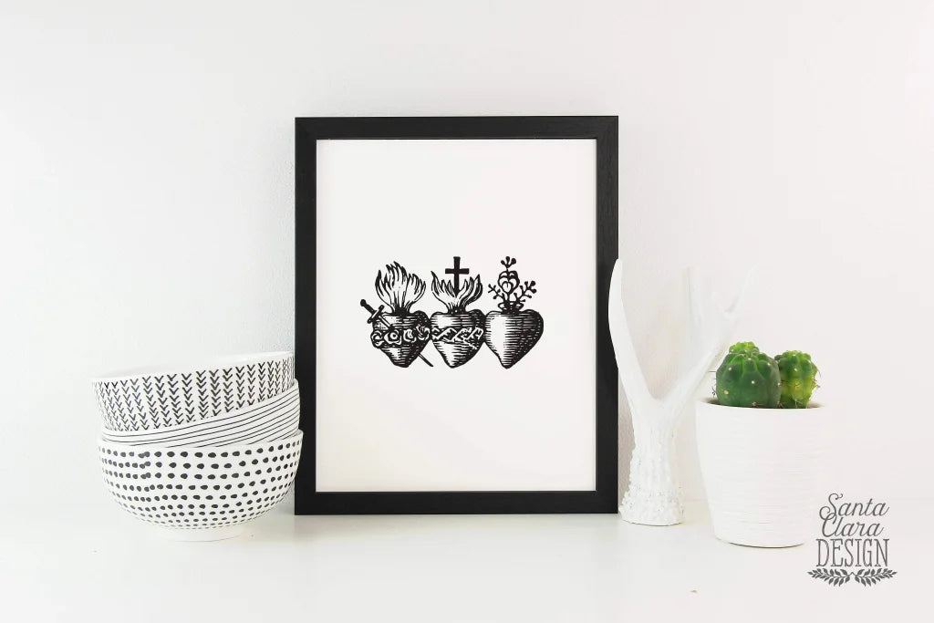 Three Sacred Hearts of the Holy Family, Catholic art print, Immaculate Heart of Mary, Sacred Heart of Jesus, Pure Heart of Joseph