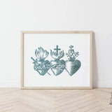 Three Sacred Hearts of the Holy Family, Catholic art print, Immaculate Heart of Mary, Sacred Heart of Jesus, Pure Heart of Joseph