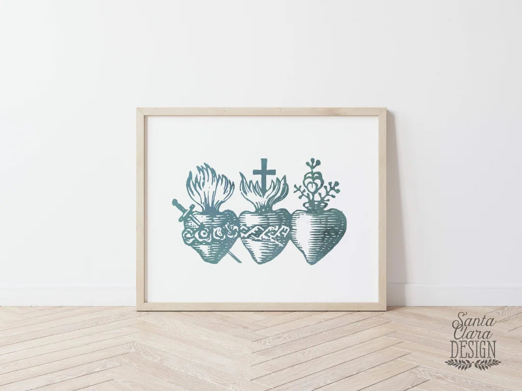 Three Sacred Hearts of the Holy Family, Catholic art print, Immaculate Heart of Mary, Sacred Heart of Jesus, Pure Heart of Joseph