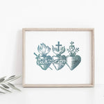 Three Sacred Hearts of the Holy Family, Catholic art print, Immaculate Heart of Mary, Sacred Heart of Jesus, Pure Heart of Joseph